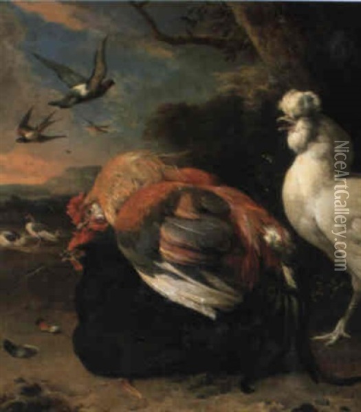 Hahn Mit Hennen Und Fliegenden Vogeln Oil Painting - Melchior de Hondecoeter