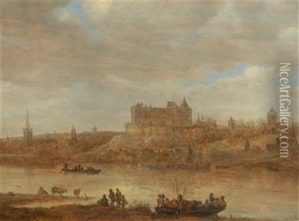 A River Landscape With A Ferry Boat And A Castle By A Town Beyond Oil Painting - Jan Josefsz. van Goyen