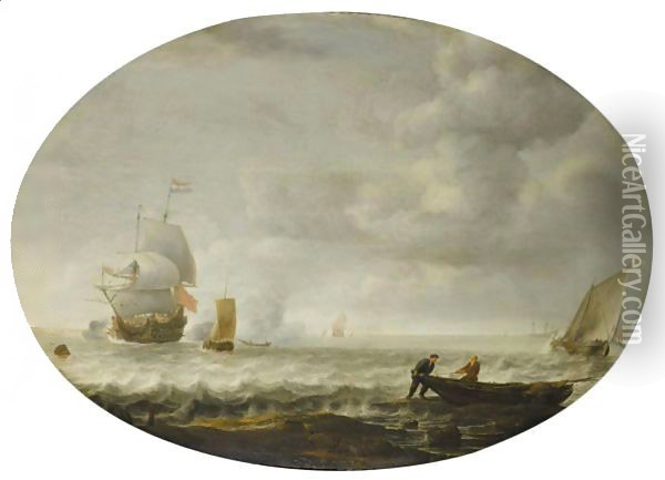 A Dutch Man Of War And Other Shipping Off A Coast, Fishermen Pushing Out To Sea In The Right Foreground Oil Painting - Simon De Vlieger