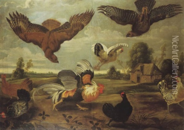 Two Hawks Attacking A Hen In A Farm Landscape Oil Painting - Melchior de Hondecoeter