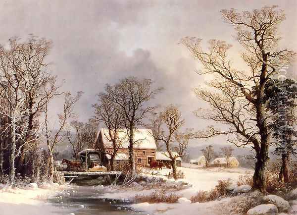 Winter in the Country, The Old Grist Mill Oil Painting - George Henry Durrie