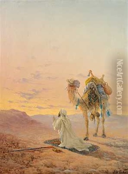 En Beduin Pa Sit Bedetaeppe I Orkenen Oil Painting - Luigi Maria Galea