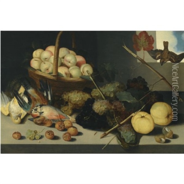 A Still Life With A Basket Of Peaches, Grapes, Snail Shells, Meddlers And Dead Game, All Arranged Beneath An Open Window Oil Painting - Pieter Binoit