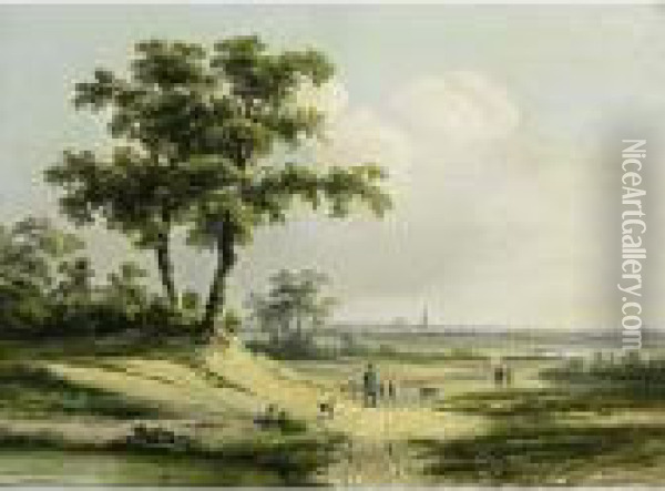 An Extensive Landscape With A Shepherd And Travellers On A Sandy Track Oil Painting - Johan Maurisz Jansen