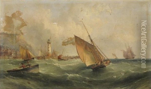 Leaving The Harbor In Choppy Seas, A Lighthouse Beyond Oil Painting - Henry Redmore