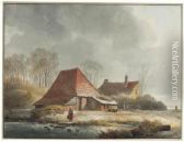 A Farm With A Woman By A Frozen Pond In Winter Oil Painting - Andreas Schelfhout