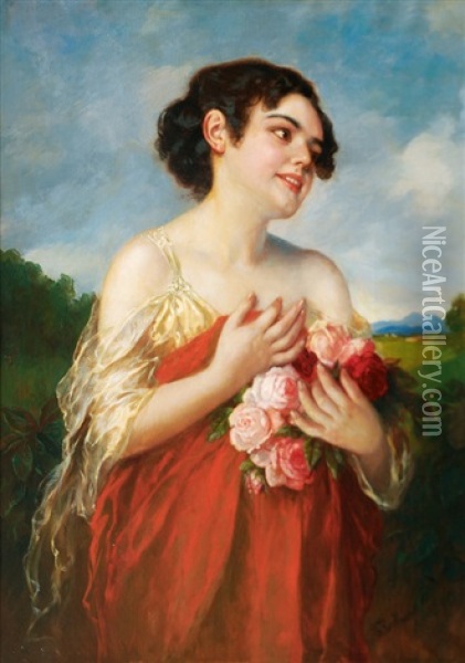 Girl With Roses Oil Painting - Theodor Recknagel