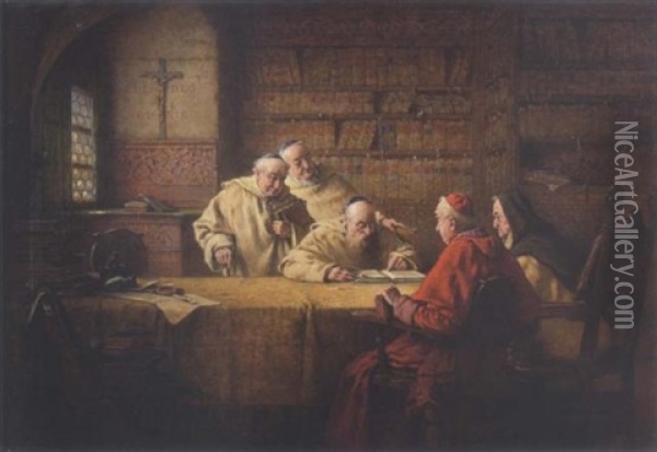 In Der Klosterbibliotek Oil Painting - Richard Linderum