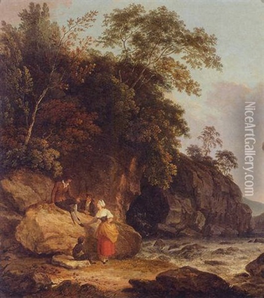 A View In Suffolk With Figures In The Foreground By A Stream Oil Painting - Richard Corbould