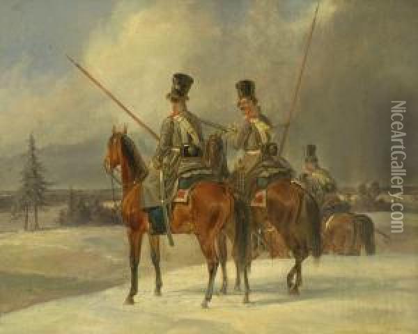 Drei Reiter In Winterlandschaft Oil Painting - Heinrich M. Dietrich Monten
