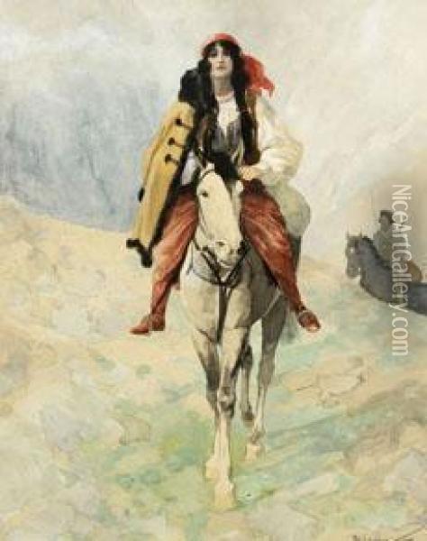 Die Russische Volksheldin Nadescha Durowa Als Husarin Zu Pferde Oil Painting - Artus Scheiner