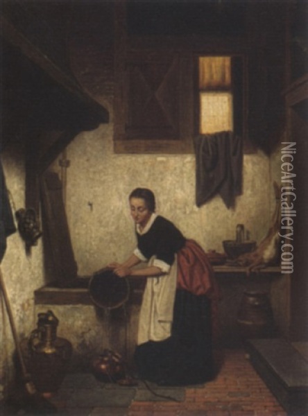 A Woman In An Interior Oil Painting - Charles Joseph Grips