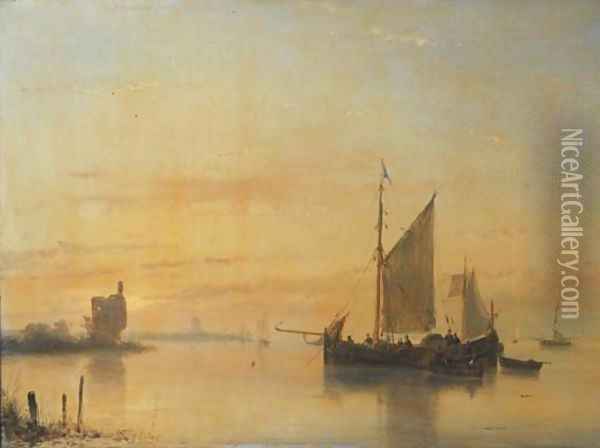 A calm sailing vessels at anchor on the Merwede river with Dordrecht beyond Oil Painting - Andreas Schelfhout