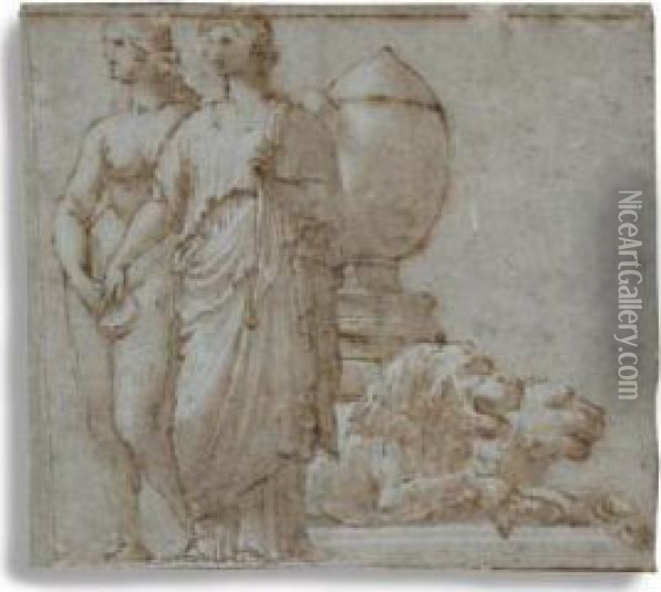 Classical Figures With Stone Lions Oil Painting - Perino del Vaga (Pietro Bonaccors)