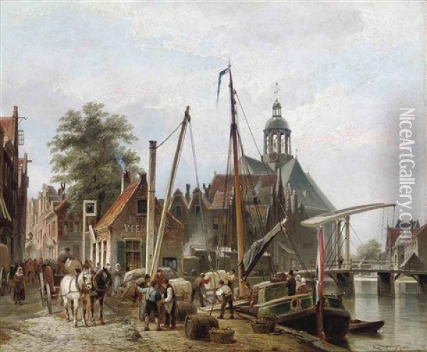 Unloading A Barge On A Rotterdam Quay Oil Painting - Cornelis Christiaan Dommelshuizen