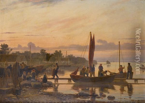 Unloading The Boat, Sunset Oil Painting - Peter Johann Raadsig