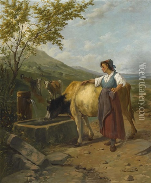 Bauerin Mit Kuh An Der Tranke Oil Painting - Sebastien Charles Giraud