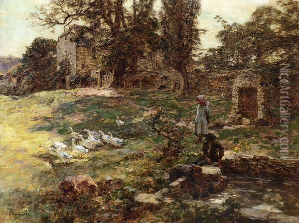 Field with Geese Oil Painting - Leon Augustin Lhermitte