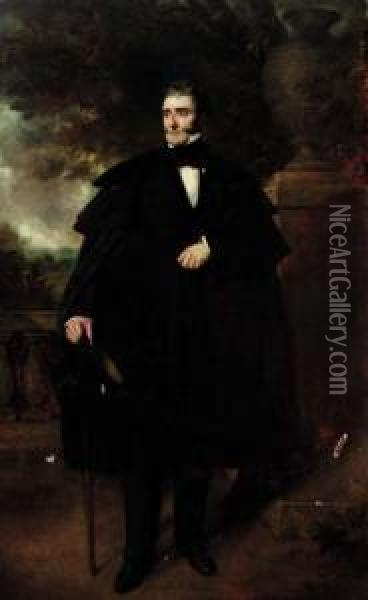 Portrait Of A Gentleman, 
Possibly A Member Of The Fortescue Family,full-length, In A Black Suit 
And Cloak, Holding A Top Hat And Cane,on A Terrace Oil Painting - Sir Francis Grant