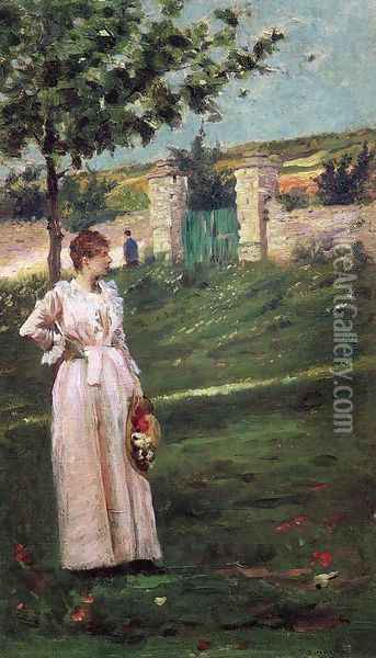 Woman in a Landscape Oil Painting - Charles Stanley Reinhart