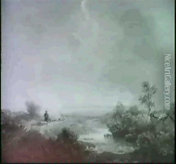 Schafer Mit Einer Herde Auf Staubiger Fahrstrasse Bei       Heraufziehendem Unwetter Oil Painting - Franz Seidel