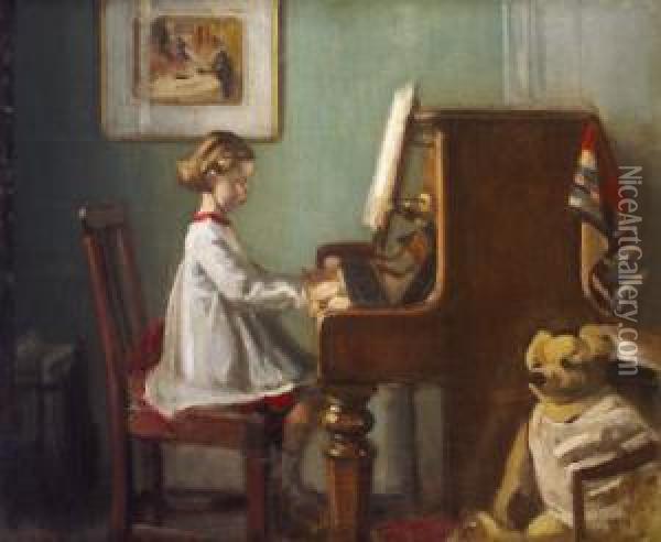 The Artist's Daughter Playing The Piano (1929-1930) Oil Painting - William Crampton Gore
