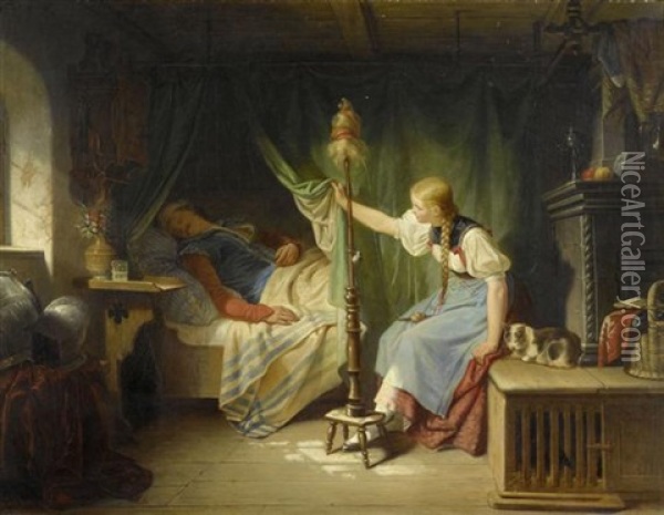 Madchen Am Bett Eines Soldaten Oil Painting - Johann Baptist Weisbrod