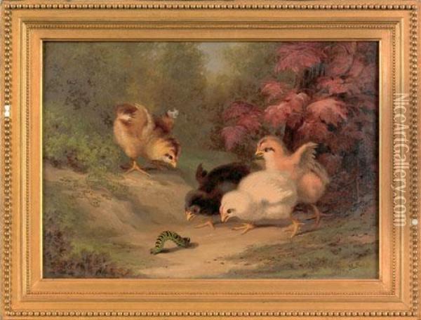 Scene Of Four Chicks Chasing A Caterpillar Oil Painting - Xanthus Russell Smith