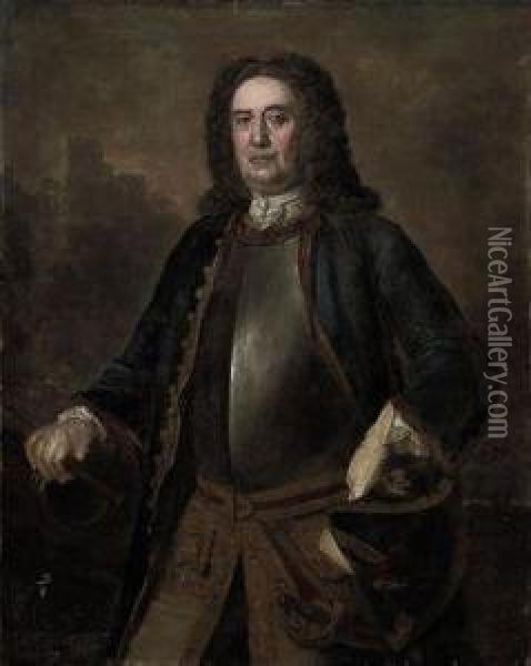 Portrait Of Major General Richard St. George, Three-quarter-length,in A Blue Coat And Breast Plate, A Tricorn In His Left Hand, Hisright Hand On A Canon, A Castle Beyond Oil Painting - Stephen Slaughter
