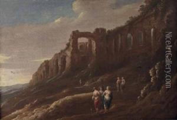 Zusammentreffen Von Frauen Unter Romischen Ruinen Oil Painting - Nicolaes Stocade Van Helt