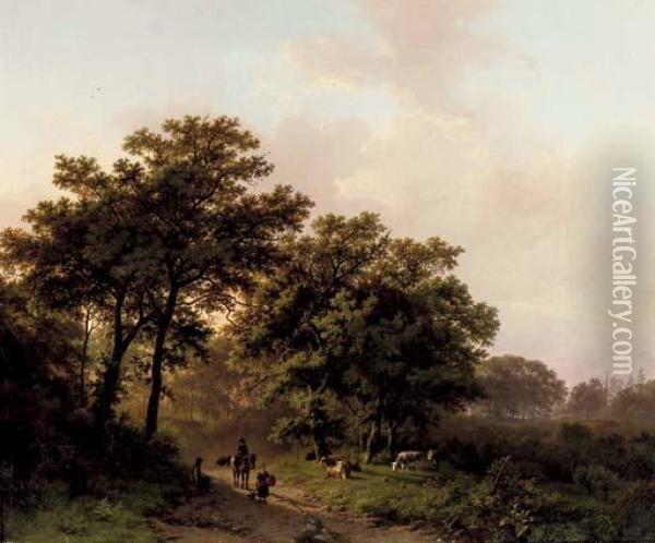 Travellers On A Wooded Path At Sunrise Oil Painting - Barend Cornelis Koekkoek