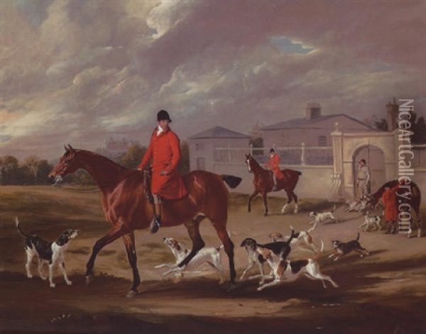 Thomas Goosey And The Belvoir Hounds Leaving The Kennels, Belvoir Castle Beyond Oil Painting - John E. Ferneley