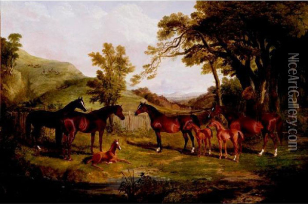 The Streatlam Stud, Mares And Foals Belonging To John Bowes Mp Oil Painting - John Frederick Herring Snr