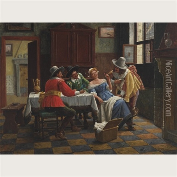 Cavaliers Flirting With A Tavern Maiden Oil Painting - Wilhelm Giessel