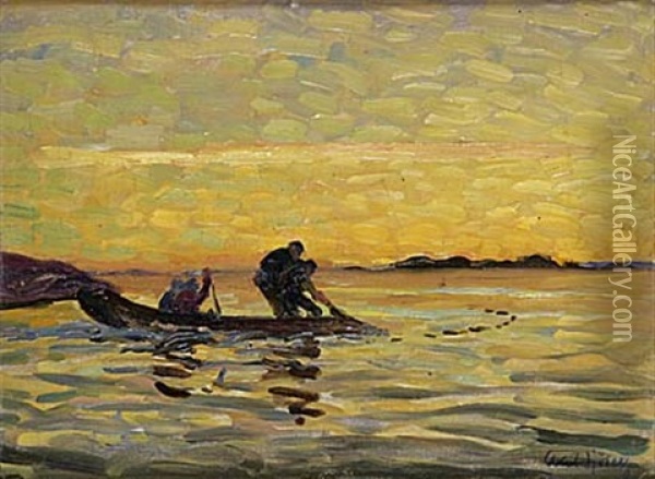 Natfiske Oil Painting - Axel Sjoeberg