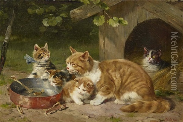 Mother Cat With 4 Kittens Oil Painting - Julius Adam the Younger