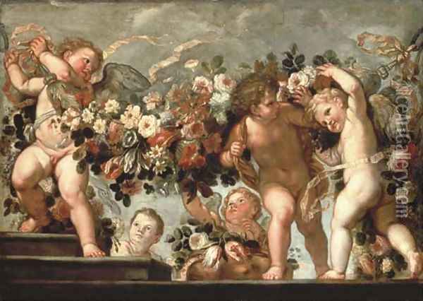 Putti with festoons of roses Oil Painting - Carlo Maratta or Maratti