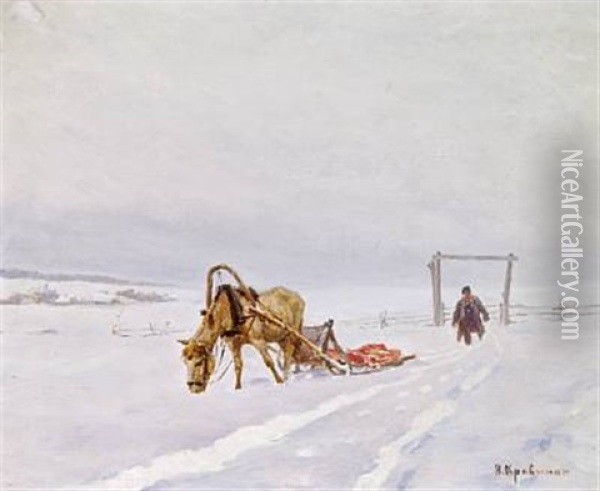 Russian Winter Landscape With A Sledge Oil Painting - Nikolai Ivanovich Kravchenko