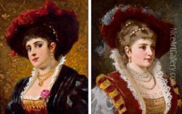 2 Damenportraits In Renaissancekostum Oil Painting - Anton Ebert