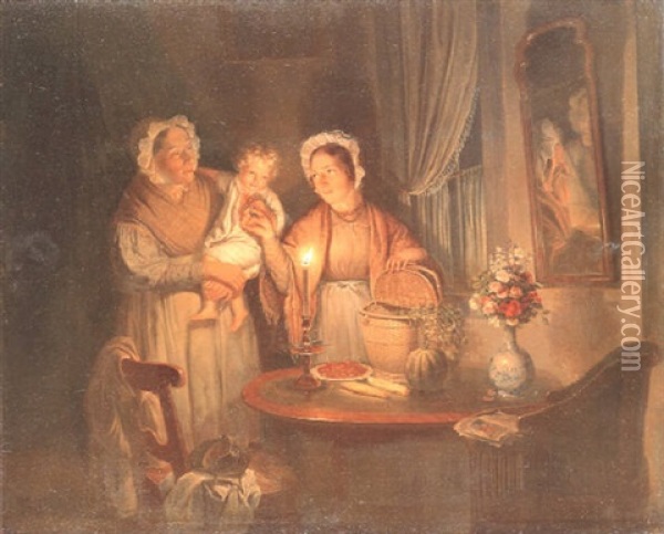 Family Group In An Interior By Candlelight Oil Painting - Jan Hendrik van Grootvelt