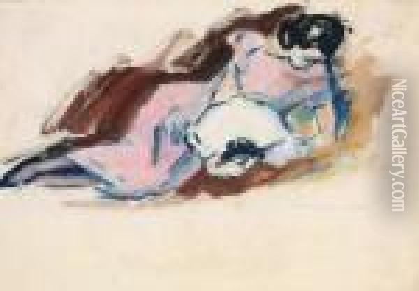 Liegende In Violett-rosa Kleid Mit Facher Oil Painting - Heinrich Nauen