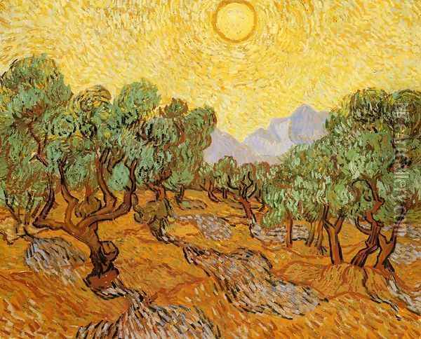 Olive Trees With Yellow Sky And Sun Oil Painting - Vincent Van Gogh