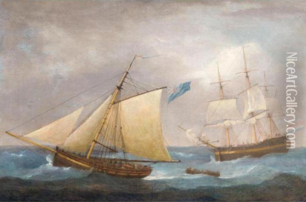 A French Vessel 'hove To', Said To Be Oil Painting - Thomas Whitcombe
