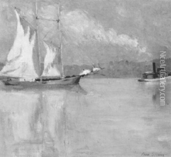 Tugboat Towing A Sailboat Down A River Oil Painting - Anna S. Fisher
