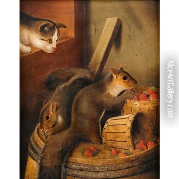 Squirrels Eating Strawberries Watched By A Cat Oil Painting - Susan Catherine Waters