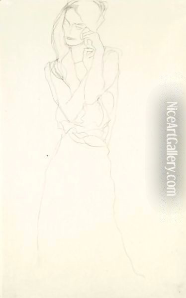 Stehend Mit Erhobenen Unterarmen, Etwas Nach Links (Standing Figure With Raised Arms, Slightly To The Left) Oil Painting - Gustav Klimt