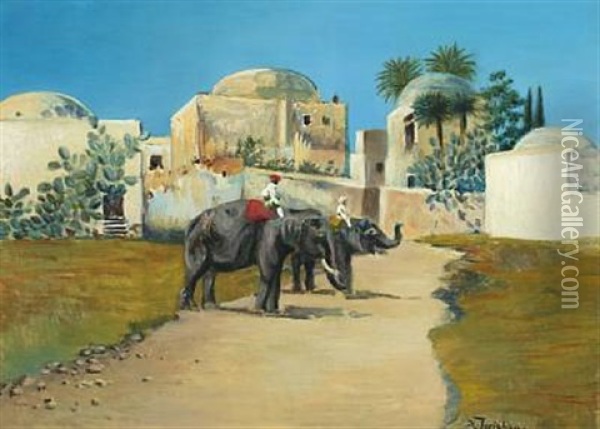 Oriental Scenery With Elephants And Men Outside A City Oil Painting - Holger Hvitfeldt Jerichau