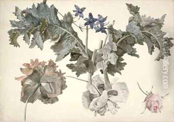 Double flowered opium poppies poppy leaves delphinium and a rosebud Oil Painting - Eelke-Jelles Eelkema
