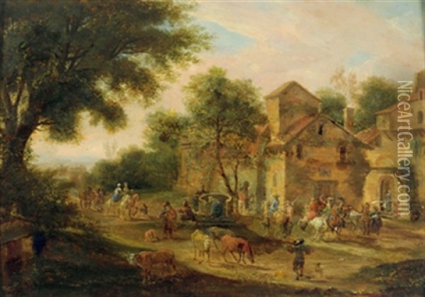 Viele Reiter Und Figuren In Einem Flandrischen Dorf Oil Painting - Pieter Bout