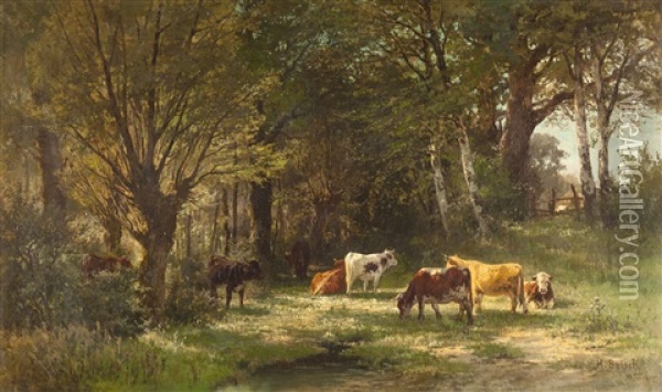 Kuhe Auf Besonnter Lichtung Am Waldrand Oil Painting - Hermann Baisch